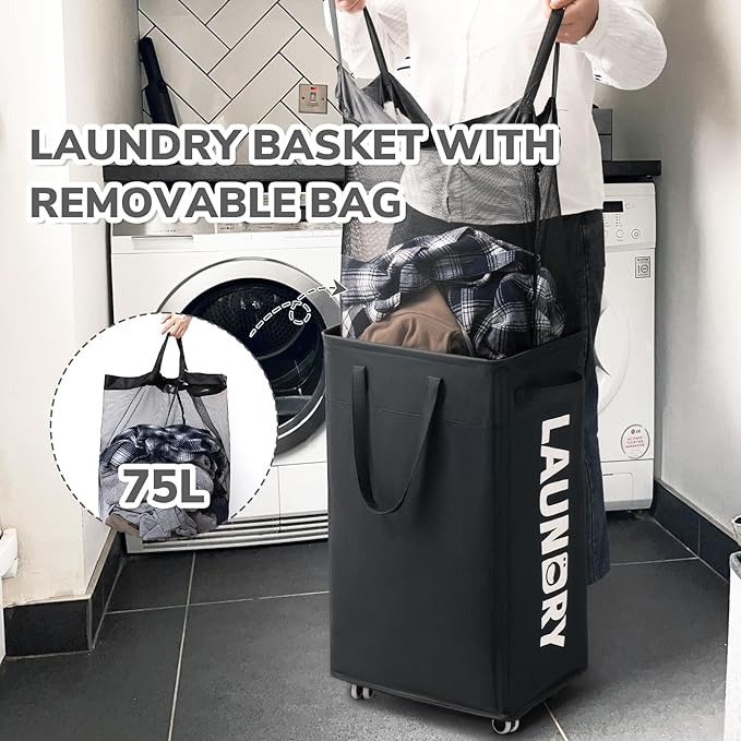 CHICVITA 75L Laundry Basket with Wheels 2-Pack, Wash Bags, Black | Tall collapsible laundry basket set for corner spaces and college dorms. Removable wash bags included