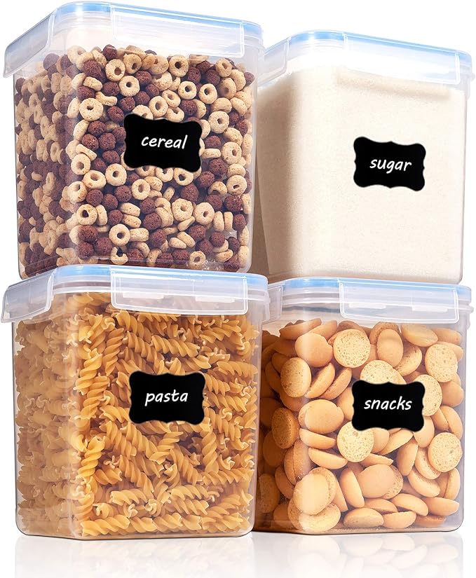 Vtopmart 2.5L / 84.5oz Food Storage Containers, 4 PCS, Blue | BPA Free Plastic, Airtight Canister for Flour, Sugar, Baking Supplies, 4 Measuring Cups, 24 Labels