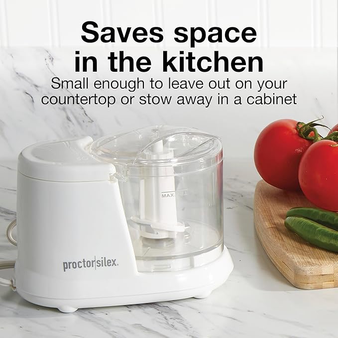 Proctor Silex Durable Electric Vegetable Chopper & Mini Food Processor | 1.5 Cup Bowl | Pulse Speed Control For Chopping, Puree & Emulsify | Stainless Steel Blades | Dishwasher Safe | White | 72500J