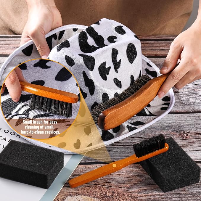 4 Pcs Horsehair Felt Hat Brush Kit with Cleaning Sponge Cowboy Clean Hat Wood Fedora Hat Cleaning Set Baseball Cap Lint Brush Remove Dust for Hair Furniture Suits Clothes(Style B)