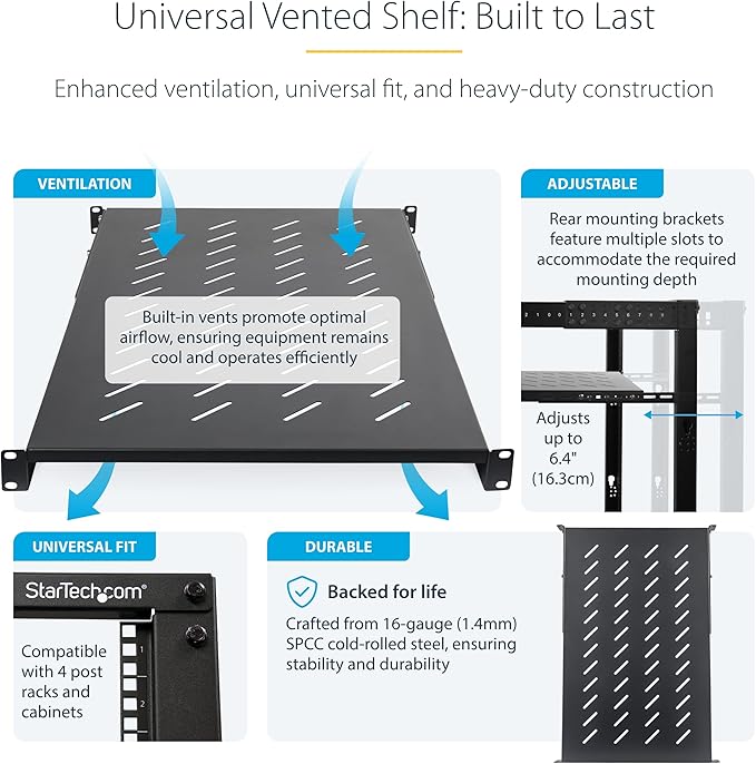 StarTech 1U 4-Post Vented Rack Shelf, 28-34.4in, 150lb (ADJSHELFV-Rack) | Adjustable depth 71.1-87.3cm, 150lb/68kg capacity, Cold-rolled steel, M5 hardware