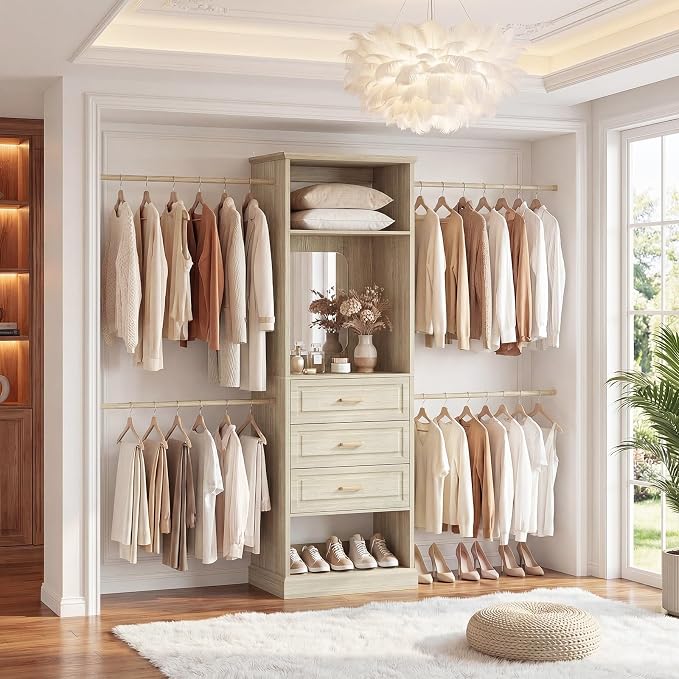 Unikito Closet System, 4FT - 9FT Closet Organizer with Mirror, Luxury Walk in Closet Insert with Drawers and 4 Hanging Rods, Sturdy Wood Wardrobe Closet Garment Rack with 25” Tower, White Oak