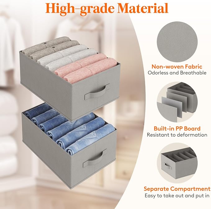 Lifewit 6 Pack Clothes Organizer, 6 Grids Closet Jean Storage Bins with Handles and Support Boards, Foldable Drawer Organizer for Sweater, Pants, T-shirt, Dress, Grey, 42 x 27 x 17 cm/16x10x7''