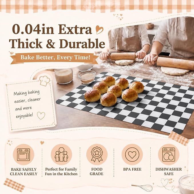 Domensi 2 Pcs Checkered Silicone Baking Mat Non-Stick Reusable Oven Liner, Food Grade Silicone Roasting Mat with Anti-Slip Grid Design for Baking, Oven, Air Fryer(Black and White, 16.4 x 10.8 Inch)
