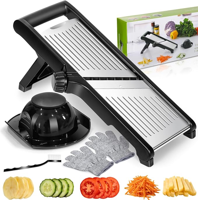MASTERTOP Mandoline Slicer Adjustable Stainless Steel Food Slicer for Kitchen Vegetable Onion Potato Fruit French Fry Cutter Potato Chip Julienne Slicers with Cut Resistant Gloves