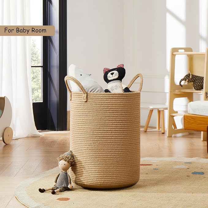 Jute Woven Hamper Laundry Basket Tall Wicker Hamper 60L Large | Rope Clothes Hamper Rattan Blanket Basket in Living Room Bedroom Baby Kids Hamper 15Dx20H Inches
