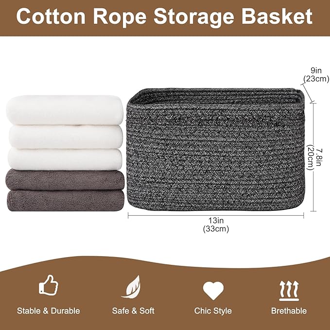 OIASKET Storage Baskets for Organizing, Woven Decorative Baskets for Shelves - Books, Towels, and Clothes, Cotton Rope Toy Storage Bins, 12.7''Lx9''Wx7.8''H, Pack of 4, Black and White