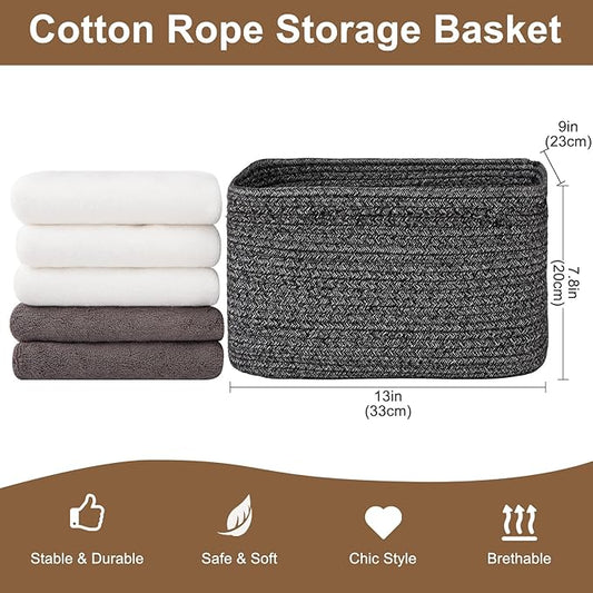 OIASKET Storage Baskets for Organizing, Woven Decorative Baskets for Shelves - Books, Towels, and Clothes, Cotton Rope Toy Storage Bins, 12.7''Lx9''Wx7.8''H, Pack of 4, Black and White