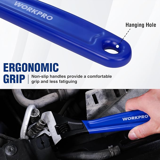 WORKPRO 5 PCS Adjustable Wrench Set, 4", 6", 8", 10" 12" Wide Jaw Wrenches | Cr-V Steel Wrenches with Black Oxide Finish, Metric & SAE Scales for Home, Garage and Workshop Use