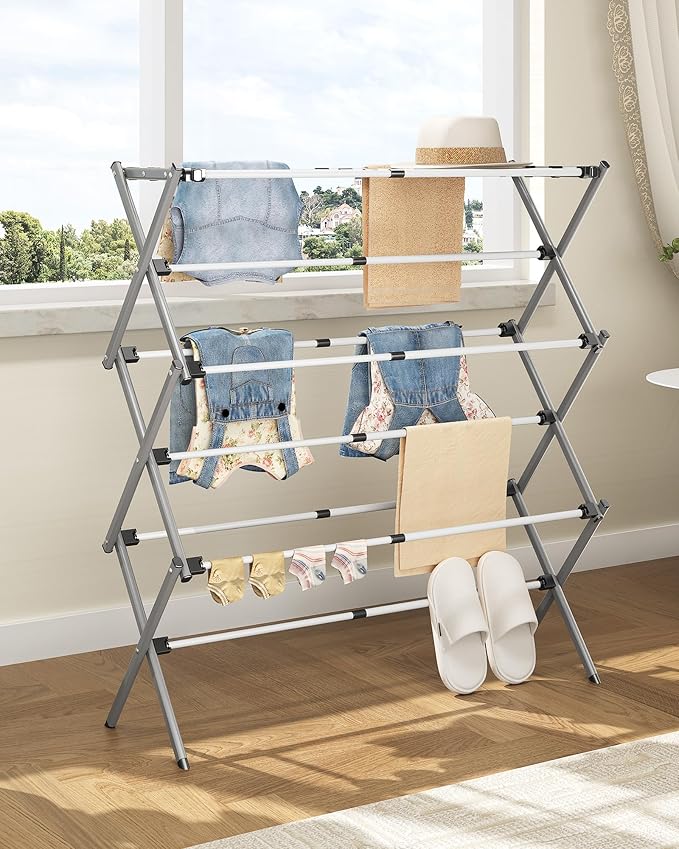 APEXCHASER 3-Tier Foldable Clothes Drying Rack, 37.6" H, Grey/White | Rust-resistant Metal, Tool-free Assembly, Extendable Drying Hanger, Fold Flat to Easy Storage, 11.8" D x 35" W, Holds 24lbs