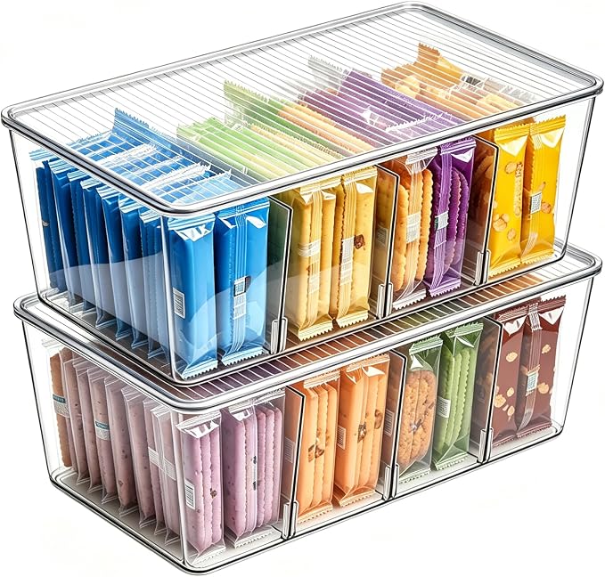 Vtopmart 2 Pack Stackable Pantry Organizer Bins with Lids, Clear Plastic Storage Containers with Removable Dividers, Tea Bag Organizer for Snack Packets, Spice Packets and Kitchen Cabinet Storage
