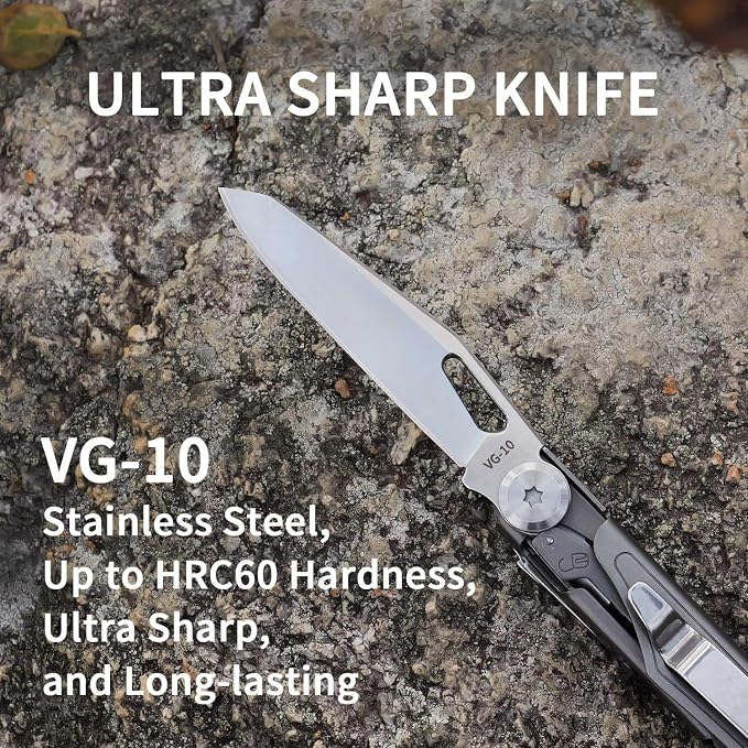 Pocket Multitool ST02, VG-10 Blade, 12-in-1 Multi tool Knife,Titanium-Plated Handle,Pocket Clip,Large Scissors, Multi-tool for Camping, Hiking, Survival, EDC Gadget for Men
