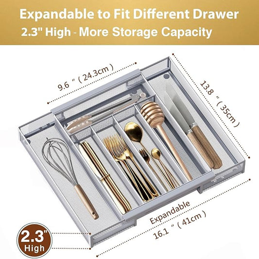 Sedegn Silverware Organizer Metal Mesh, Drawer Organizer, Utensil Cutlery Tray Expandable Flatware Organizer with 7 Compartment Silver 9.6"~16.1" x 13.8"