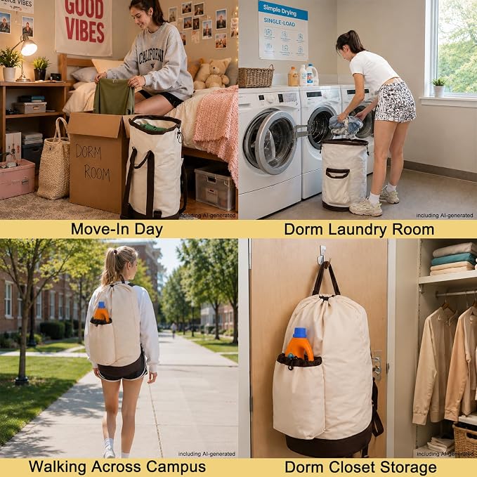 Seiritex Laundry Bag Backpack with Shoulder Straps and Detergent Holder Clothes, Travel Laundry Backpack Bag Hamper for College (Khaki w Brown)