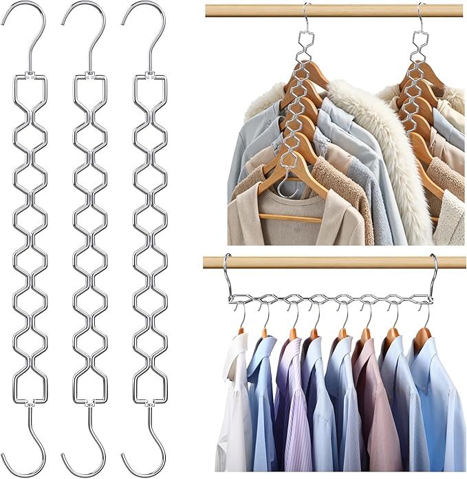 Space Saving Hangers for Clothes 3 Pack, Sturdy Metal Hangers Heavy Duty | Magic Clothes Space Saver Hanger Organizer with 360° Swivel Hook, Closet Organizers and Storage Dorm Room Essentials Silver