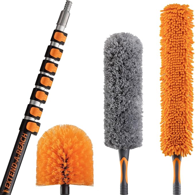 36 Foot High Reach Duster Kit with 5-30 ft Telescopic Extension Pole | High Ceiling Duster Cleaning Kit with Telescoping Pole, Cobweb Duster, Feather Duster and Ceiling Fan Duster
