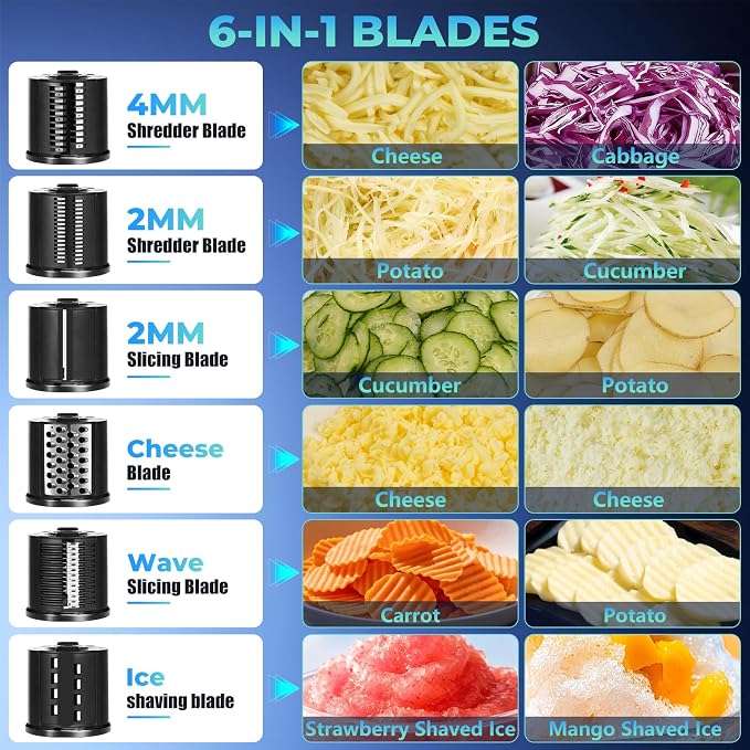6-IN-1 Electric Cheese Grater Stainless Steel 800W, [3S Efficient Cutting], Heavy Duty Electric Cheese Grater for Block Cheese, Parmesan, Vegetable, Ice Shave（Silver）
