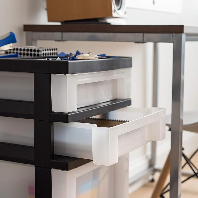 IRIS USA 4-Drawer Rolling Storage Cart with Organizer Top, Black/Pearl | Keep craft supplies, office essentials, classroom items, and accessories organized with easy-access drawers for daily use
