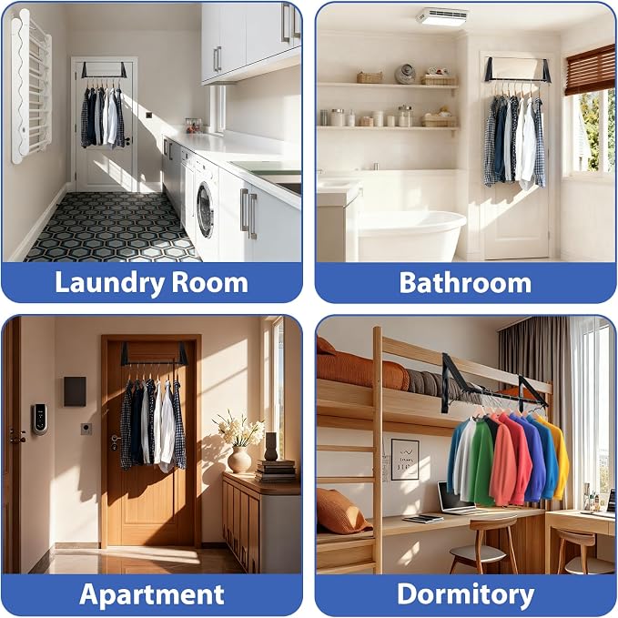 Over The Door Hanger, Foldable Over The Door Drying Rack with 20"-32" Expandable Width, Space Saving Doors Clothes Hanger for Laundry, Bathroom, Apartment, Fits Doors up to 1-1/4”, Metal, Black