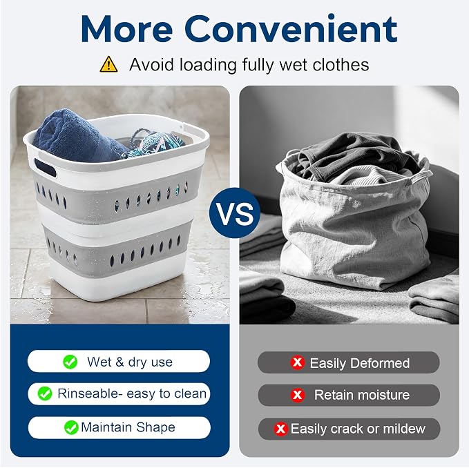 46L/12 Gal Collapsible Laundry Baskets, Foldable Hamper with Handles, Plastic Pop Up Storage Container for Laundry, Home, Dorm, Travel - Gray/White, Set of 2