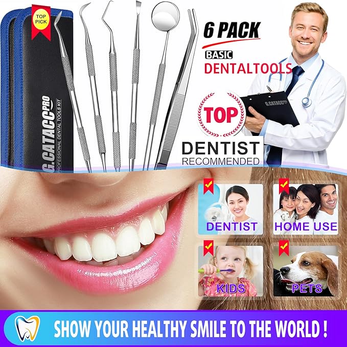 G.CATACC Dental Tools, Dental Pick Teeth Cleaning Tools Hygiene Kit, Plaque Remover for Teeth, Professional Stainless Steel Tooth Scraper Plaque Tartar Cleaner - with Case