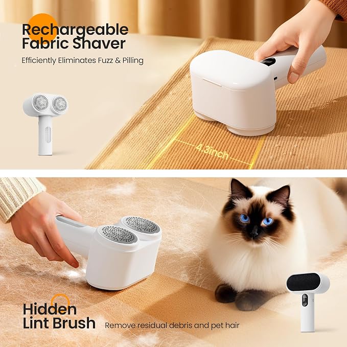 Mosthink Fabric Shaver, 2-in-1 Electric Lint Remover & Build-in Lint Brush | Dual-Head Lint shaver for Clothes Furniture | 3-Speed Fuzz & Pilling Remover | Sweater Shaver with LED Display | Rechargeable