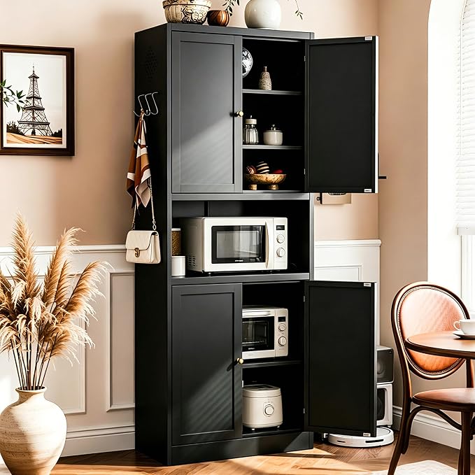 AQY Kitchen Pantry Cabinet,72" Black Pantry Cabinet 3-Tier Adjustable Shelves 4 Doors, Freestanding Cupboard with Microwave Stand, Metal Cabinet with Handle for Living Room Kitchen Assembly Required