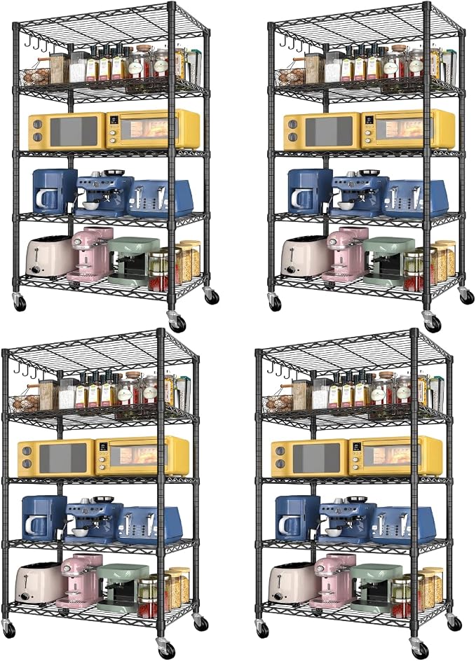 Wire Storage Shelves with Wheels: 5 Tier Adjustable Metal Shelving Unit, Heavy Duty Bakers Rack Rolling Pantry Shelf Organizer for Closet, Kitchen, Laundry 24" W x 18" D x 75" H, Black, 4PCS