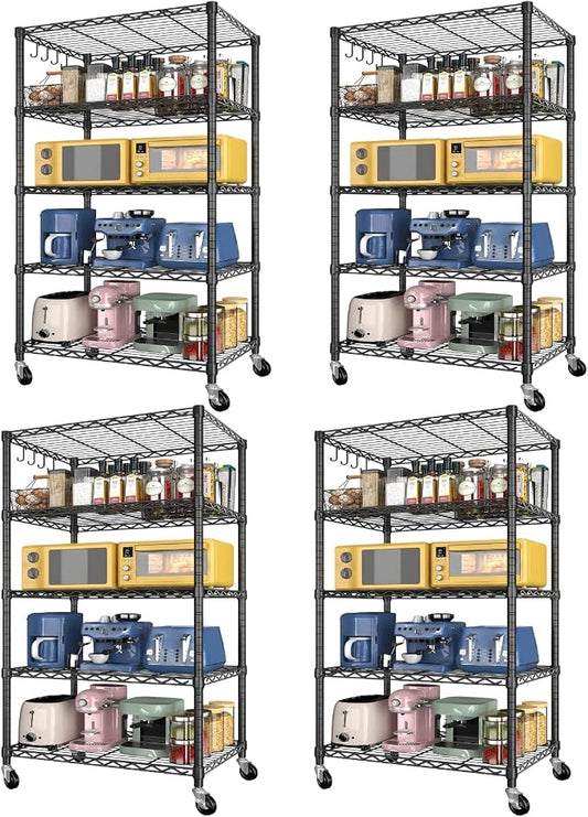Wire Storage Shelves with Wheels: 5 Tier Adjustable Metal Shelving Unit, Heavy Duty Bakers Rack Rolling Pantry Shelf Organizer for Closet, Kitchen, Laundry 24" W x 18" D x 75" H, Black, 4PCS