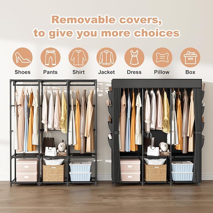 Wardrobe Closet Portable Closets for Hanging Clothes Large Capacity Clothes Rack with Cover, 3 Hanging Rods, 6 Shelves and 8 Pockets, Strong and Stable Free Standing Closet for Bedroom, Black