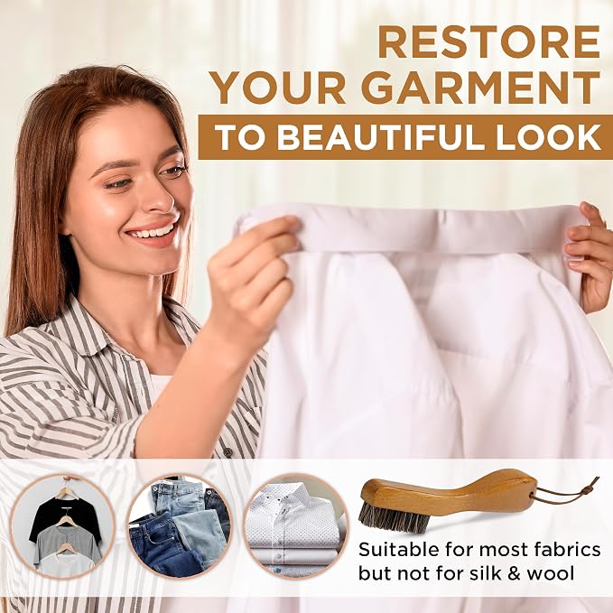 Laundry Stain Brush, Soft Natural Horse Hair, Safe on Delicates 2pcs | Clothes Cleaning Scrubber, Stain Remover for Shirts, Collars, Cuffs & Shoes, Curved Beech Wood Handle with Hanging Loop