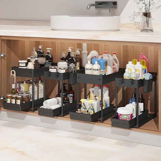 Sevenblue Under Sink Organizer, Bathroom Organizers and Storage, 2 Tier Multi-Use Pull Out Cabinet Organizer with Hang Hooks and Cups (Black, 14.8 Inch)