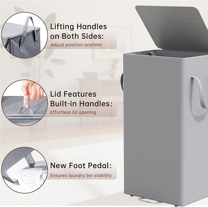 Criusia Laundry Hamper with Lid and Foot Pedal, 100L Fabric Laundry Basket with Removable Mesh Bag, Slim Foldable Design for Bathroom and Laundry Room (Gery)