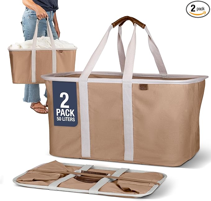 CleverMade LUXE Collapsible Laundry Tote, 50L, 2 Pack, Mocha | Cotton-blend fabric and vegan leather accents add a polished look. Long handles balance 55 lb loads, and the tote folds flat.