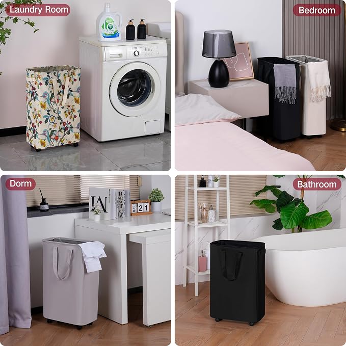 efluky Slim Laundry Hamper with Wheels, Rolling Laundry Basket for Clothes, Small Laundry Basket for Bedroom, Dorm and Laundry Room, 60L (12.7 Gallons) Floral