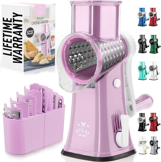 Zulay Kitchen Rotary Cheese Grater 5 Blade Cheese Shredder - Manual Hand Crank Cheese Grater With Reinforced Suction & 5 Interchangeable Drums - Easy to Use, Vegetable Chopper Round Mandoline Slicer