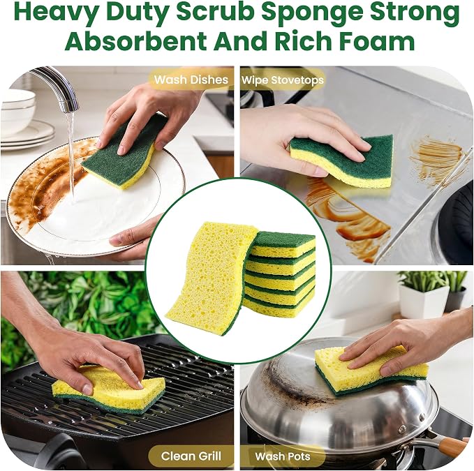 12 Count Heavy Duty Scrub Sponges,Dual Sided Kitchen Sponges for Non-Coated Cookware and Outdoor Grills, Flexible, Durable, and Strong, Long Lasting Cleaning Sponges for Cleaning Kitchen Dishes