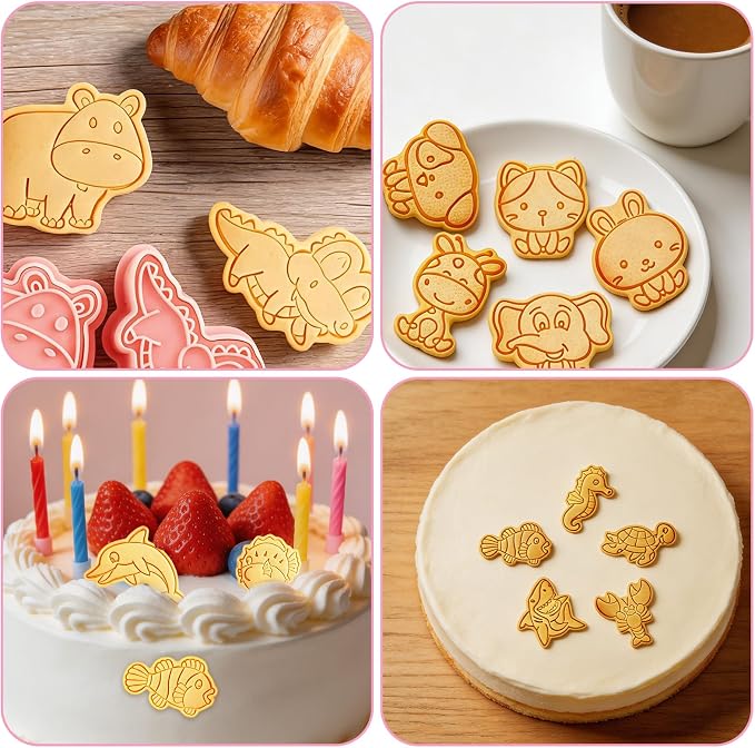 24 Pcs Animal Cookie Cutters with Plunger Stamps Set 3D Animals Lion Cookie Cutters Stamps Plastic Cookie Cutter Animal Cracker Cookie Cutters Cookie Stamps for Baking Supplies
