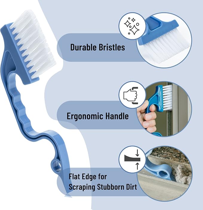 Slick- Window Track Cleaning Brush, 2 Pack, Blue Ergonomic Handle | Built-in Scraper, Multipurpose Window Track Cleaning Tool for Sliding Doors, Windows, Corners, Dust, Dirt & Narrow Gaps