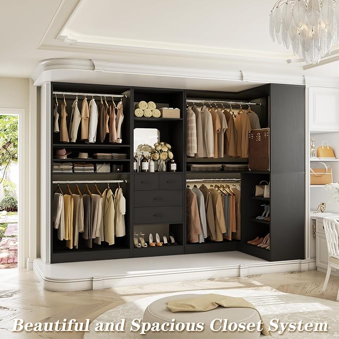 Unikito 97" Large Modular Closet System, 2500LBS Heavy Duty Wood Wardrobe with 4 Hanging Rods, 3-Piece Customizable Walk-in Garment Rack for Bedroom, Black