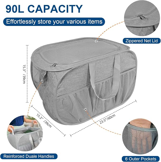 Collapsible Laundry Baskets, Tear Proof Pop Up Laundry Hamper with Lid, Dual Handles Durable Foldable Laundry Basket, Easy to Carry Laundry Hamper for Home, Laundry Room, Bedroom, Dorm, Travel Grey