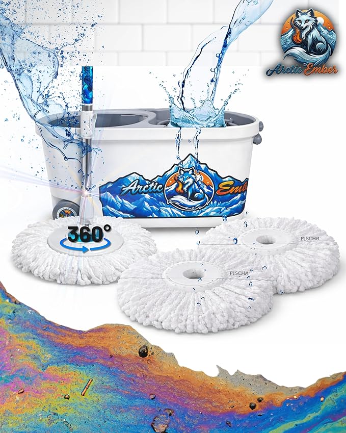 Spin Mop and Bucket System with Wringer, Microfiber Spin Mop and Bucket Set, Stainless Steel Handle, Rolling Mop Bucket with Drain Plug, Includes 3 Mop Heads for Hardwood Tile Floors