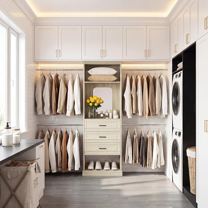 Unikito Closet System, 4FT - 9FT Closet Organizer with Mirror, Luxury Walk in Closet Insert with Drawers and 4 Hanging Rods, Sturdy Wood Wardrobe Closet Garment Rack with 25” Tower, White Oak