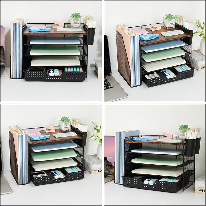 OPNICE Desk Organizer, 5-Tier Desktop File Organizer with Drawer and Pen Holders, Office Desk Accessories, File Sorters, Workspace Organizers for Office Supplies(Wood)