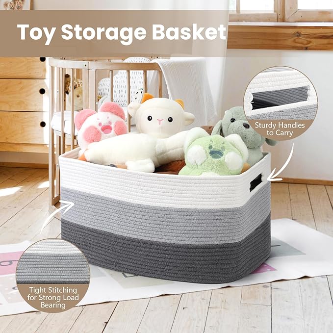 Optish 75L Large Blanket Basket, Woven Storage Baskets with Reinforced Handles, Rope Laundry Basket for Living Room, Bedroom, Nursery, Toys, Clothes,Pillows, 22” x 17” x 11.5”, White & Grey