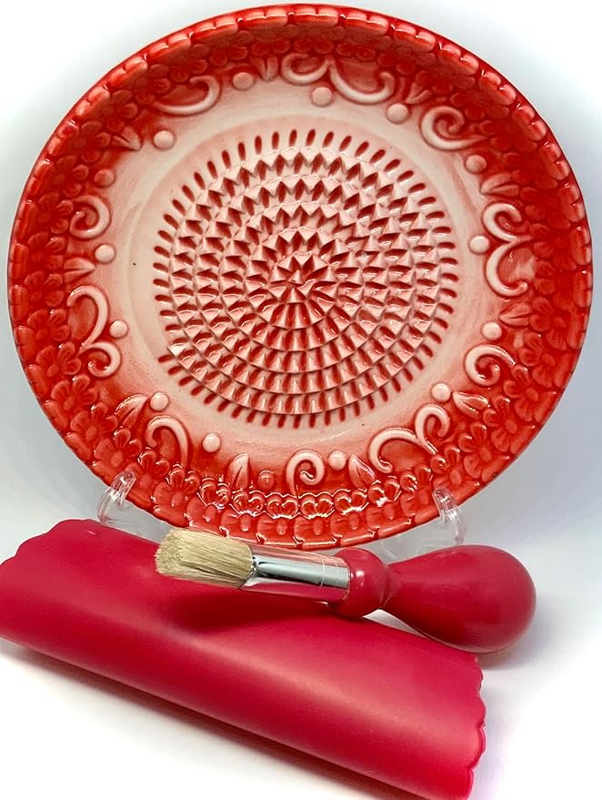 BonCera, All-in-one Premium Ceramic Garlic Grater Plate 4-Piece Set - Red Embossed Design and Style - For Garlic, Ginger, Chocolate, and more! - Comes with 5.25" Plate, Peeler, Brush, and Stand