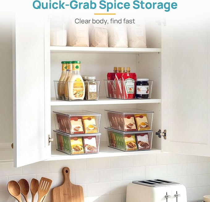 Vtopmart 2 Pack Stackable Pantry Organizer Bins with Lids, Clear Plastic Storage Containers with Removable Dividers, Tea Bag Organizer for Snack Packets, Spice Packets and Kitchen Cabinet Storage
