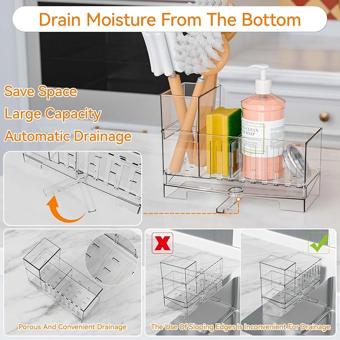 Yieach Clear Kitchen Sponge Holder for Sink,Acrylic Sponge Caddy for Kitchen Sink with Brush Holder,Rustproof Kitchen Sink Organizer for Sponge, Soap Dispenser Storage Accessories and Self Drain Tray
