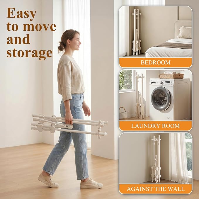Small Clothes Rack, Foldable Clothes Rail with 3 Adjustable Heights | Extendable Rod, 4 Side Hooks, Portable, Sturdy Carbon Steel, Space Saving, Ready to Use, for Bedroom, Laundry, Cream White