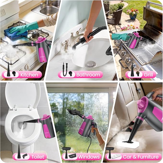 Steam Cleaner, Pressurized Handheld Multi-Surface Natural Steam Cleaner with 12pcs Accessory & Safety Lock, Portable Steamer for Cleaning Home, Kitchen, Bathroom, Car, Upholstery, Grout, Window